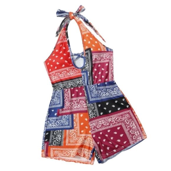 SHEIN SZ M Patchwork Paisley Print Criss Cross Cut Out Halter Romper - Picture 1 of 6